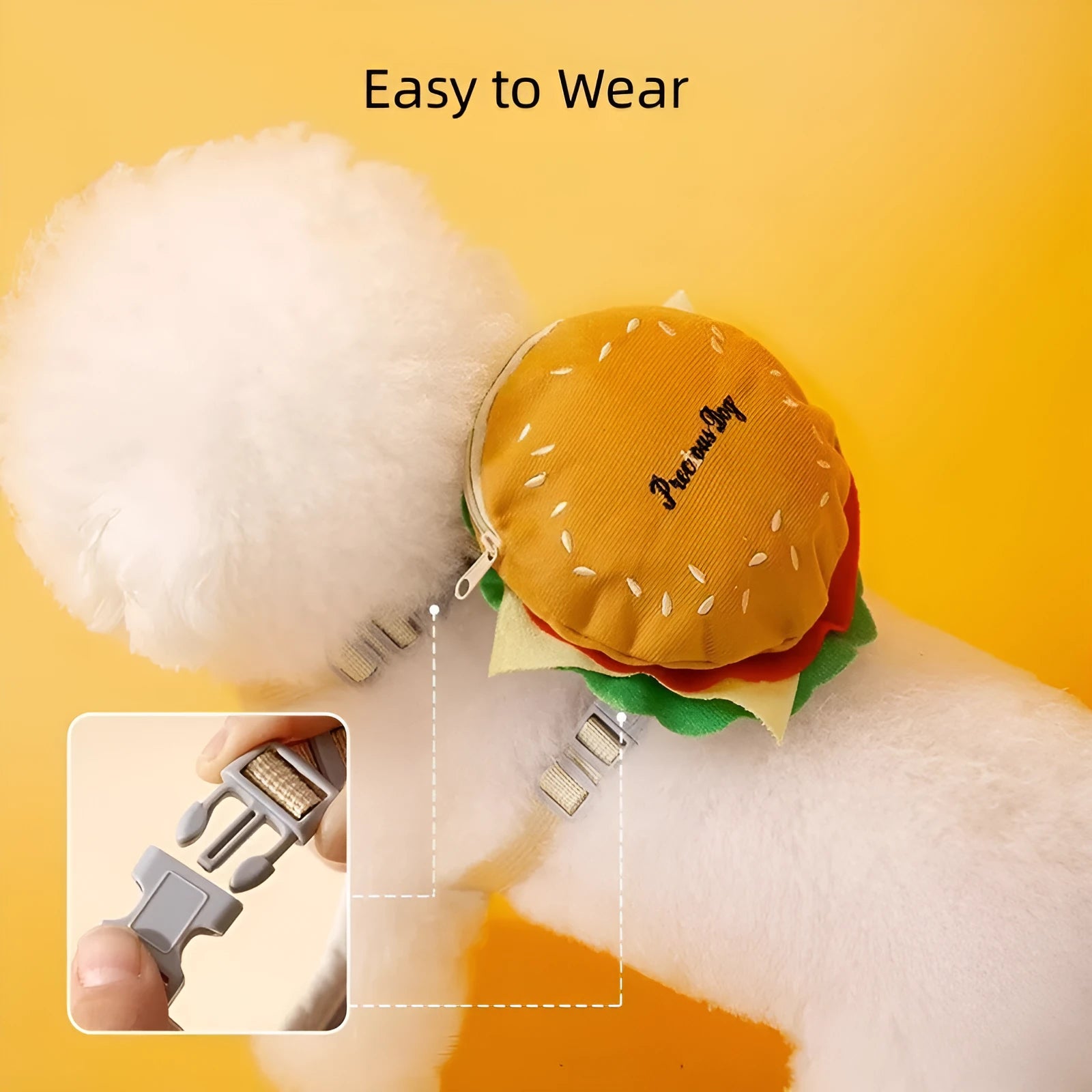 Cartoon hamburger design adjustable vest leash and harness with backpack for a dog.