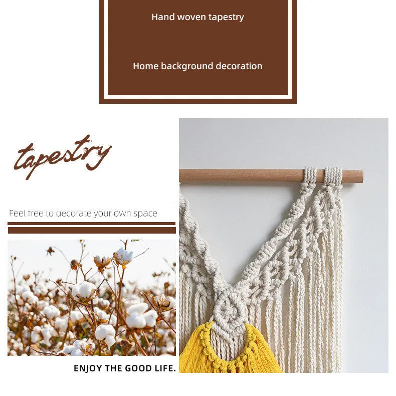 Rectangular creamy white cotton tapestry with colour woven details measuring 120cm by 95cm