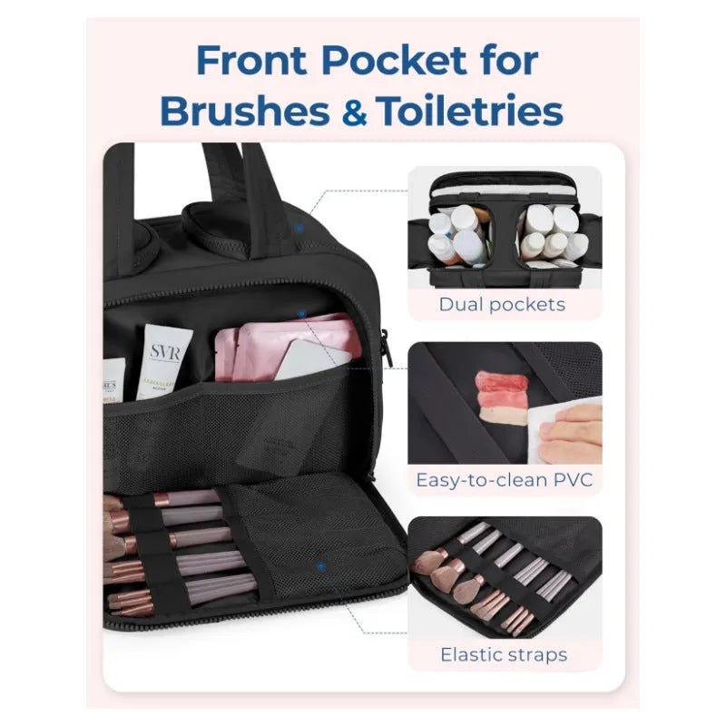 Large travel toiletry bag with wide open design showing fluffy texture in available colour options