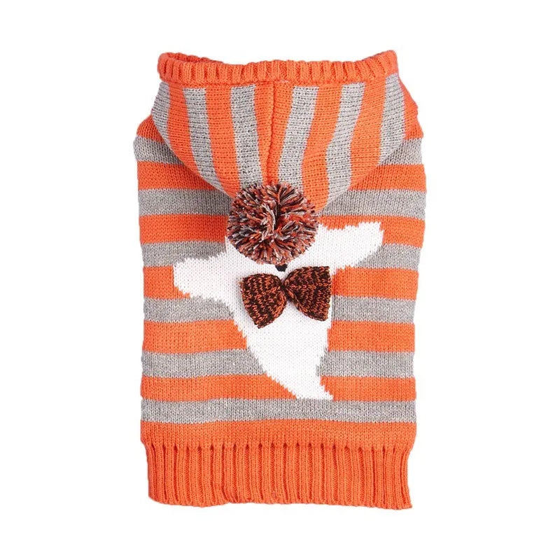 Orange knitted hooded pet sweater with striped pattern and fur balls for Halloween