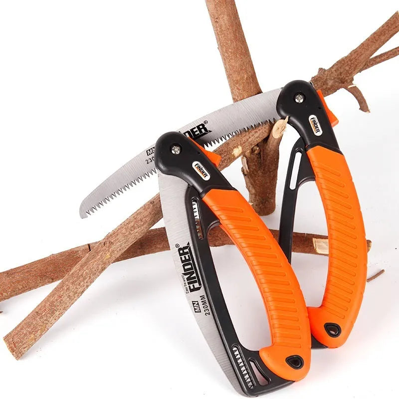 Folding garden saw with extended 230mm blade showing teeth detail and TPR grip handle