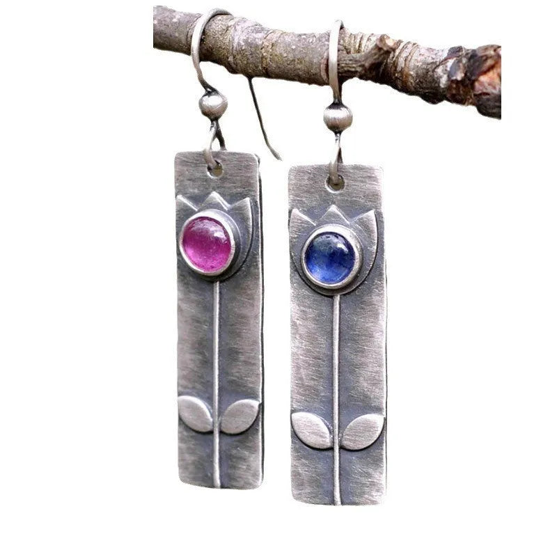 Red sapphire antique finish electroplated drop earrings with geometric ellipse pendant retro jewellery