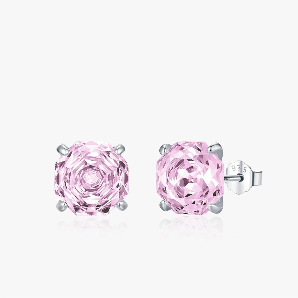 S925 sterling silver rose stud earrings with pink crystal accents in 6mm and 8mm sizes