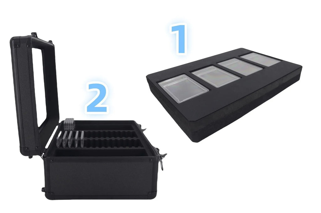 Black aluminium alloy three-slot magnetic card storage box with handle for PSA BGS graded trading cards