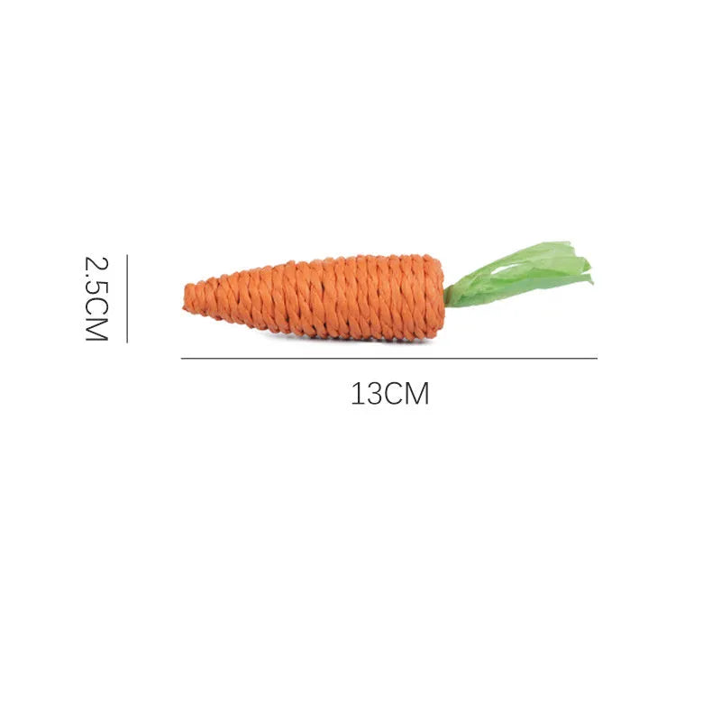 Set of interactive cat toys including paper carrot bites, sticks, and toys with ringing stones.