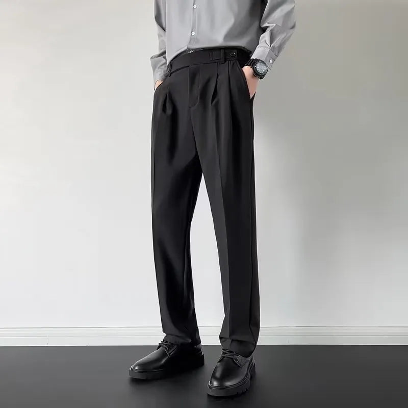 Men's straight leg loose fit suit trousers in apricot and black colours
