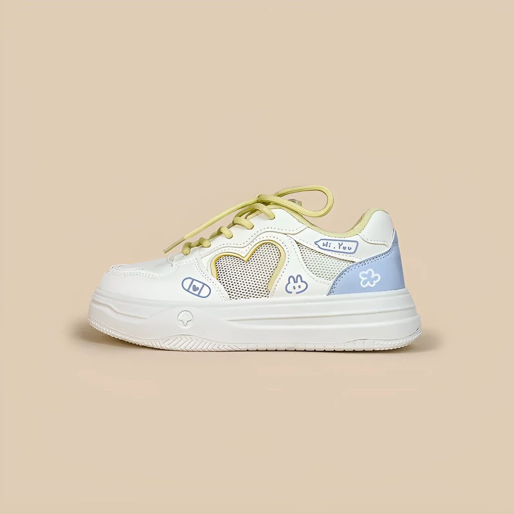 Meow Rabbit Sea Salt Cheese colour Korean-style sneakers with mesh cross straps and thick rubber soles