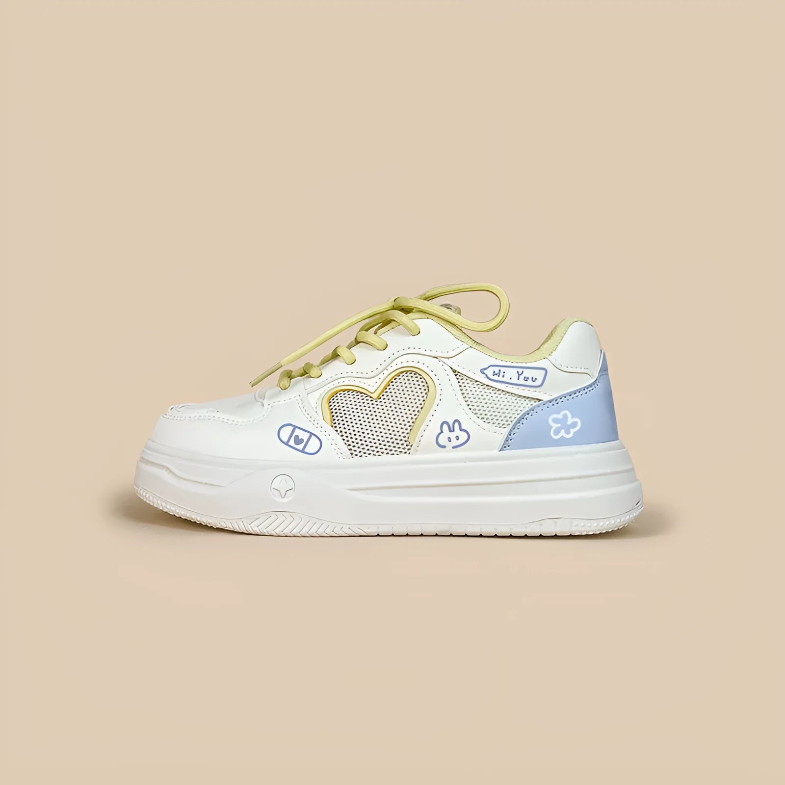 Meow Rabbit Sea Salt Cheese colour Korean-style sneakers with mesh cross straps and thick rubber soles