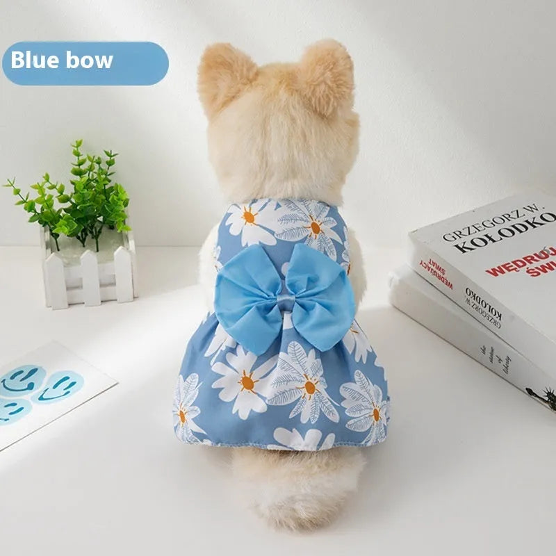 Ultra-thin summer pet dress for dog or cat with decorative floral butterfly knot bow.
