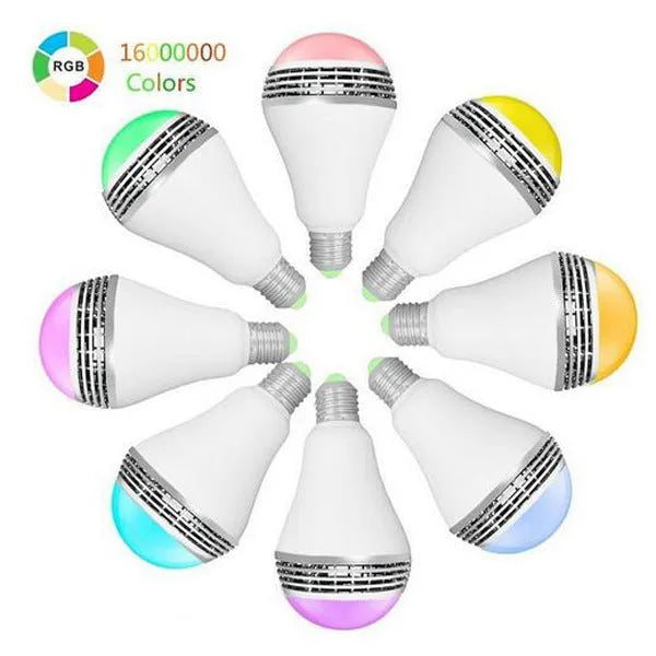 White E27 LED smart bulb with integrated Bluetooth speaker, dimensions 100x150mm.