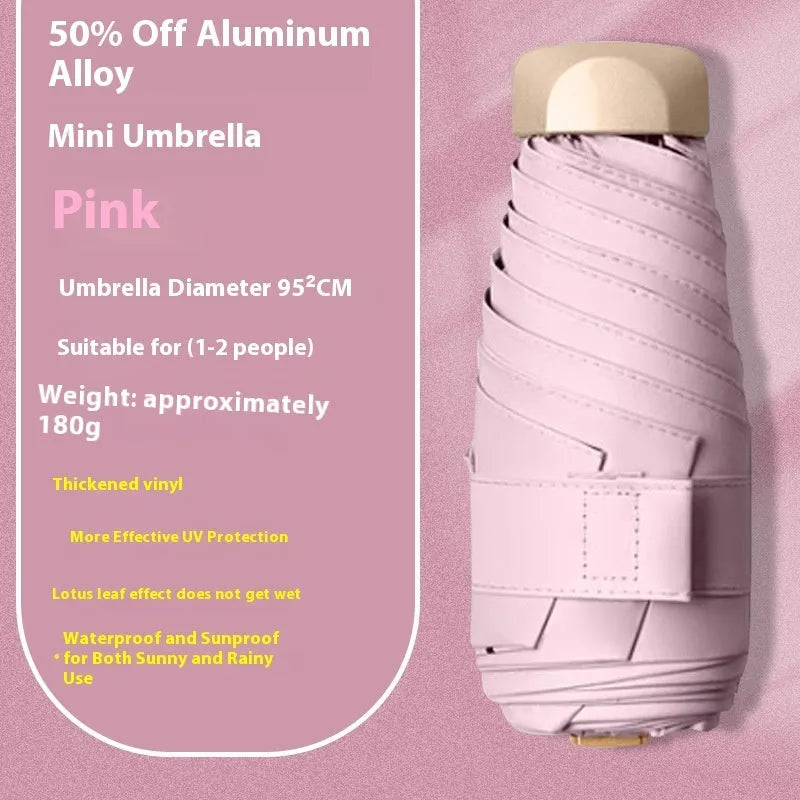 Five-fold compact umbrella with gradient vinyl canopy and manual open handle.