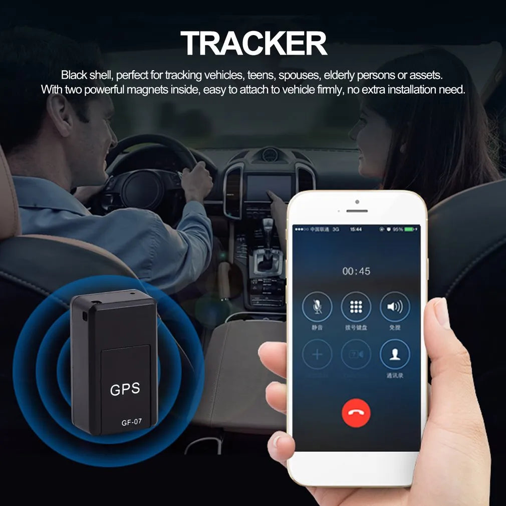 Black mini magnetic GPS tracker device showing dimensions and USB charging port