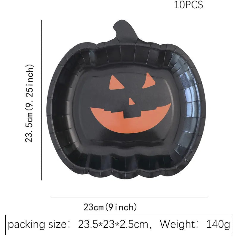 Halloween disposable paper plates with black pumpkin design, 9-inch diameter