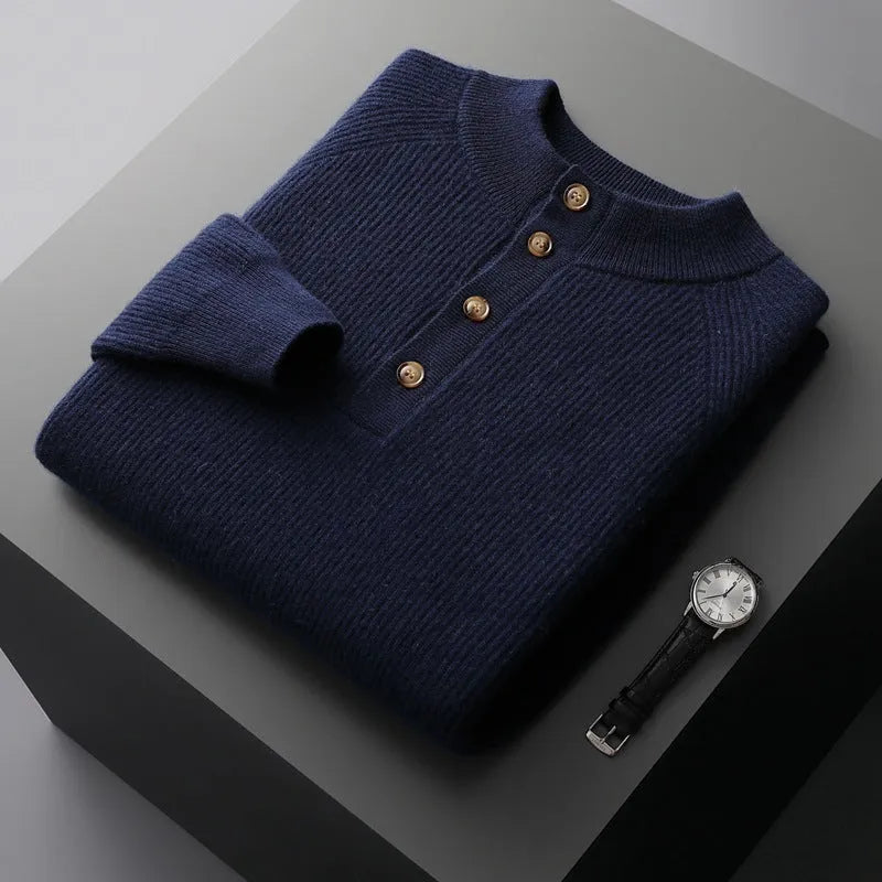 Half-height cardigan collar oversized knit wool sweater in dark blue, loose pullover with extra coarse yarn