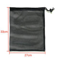Black mesh drawstring storage bag with three size options for water toys.