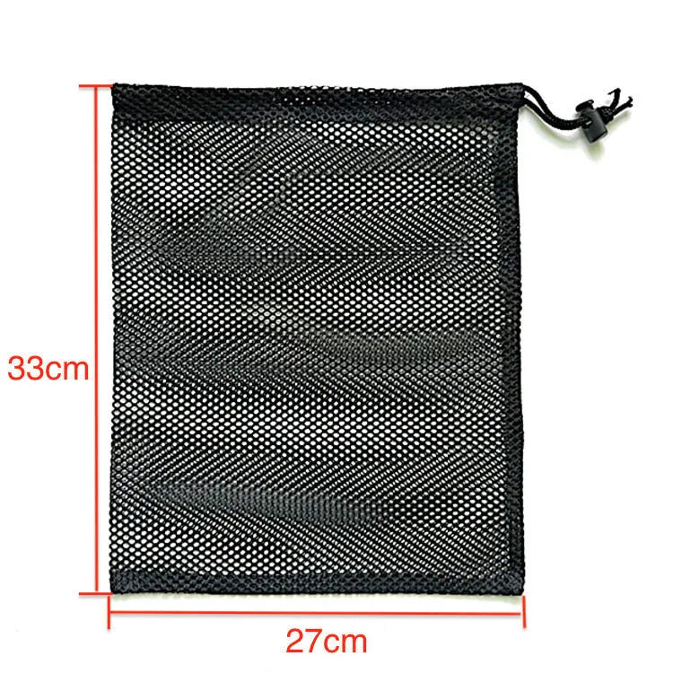 Black mesh drawstring storage bag with three size options for water toys.