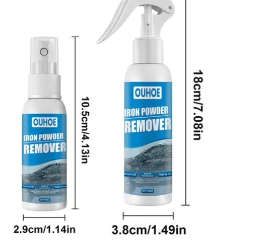 Automotive iron powder remover spray bottle with blue square sponge on car surface