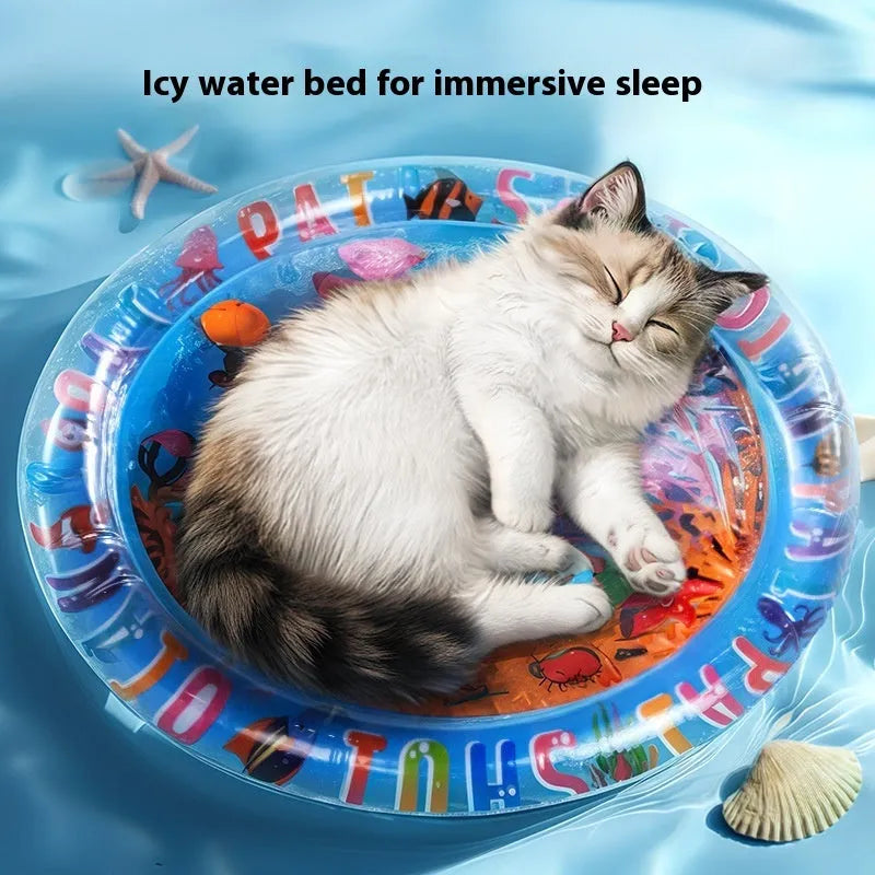 PVC inflatable water cushion pet cooling mat with shark design showing water injection valve