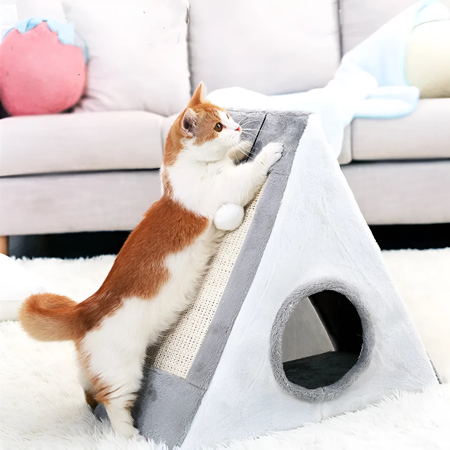 Triangular cat scratching toy with sisal surface in grey-white colour option showing perch design