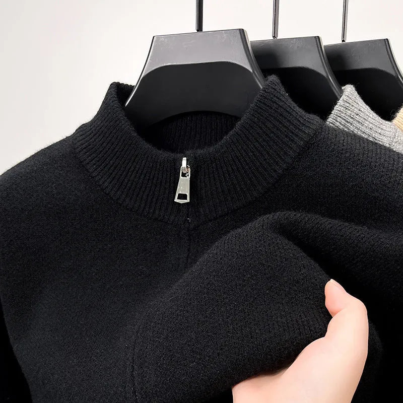 Men's black knitted cardigan with stand collar and full zipper front, loose fit design