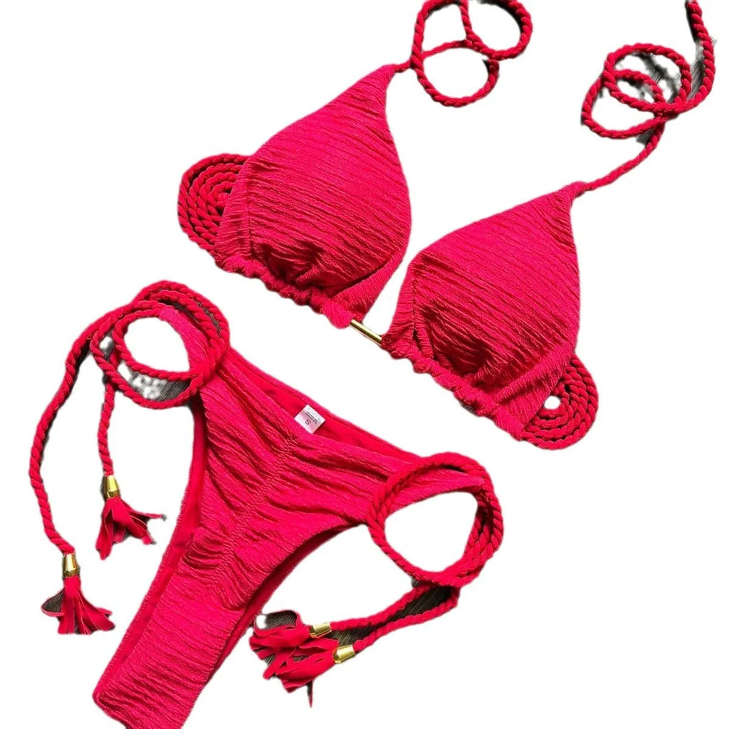 Women's solid colour braided rope bikini suit with cotton lining and nylon fabric for swimming