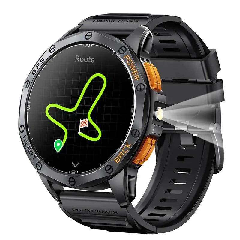 K67 AMOLED smart watch with metal body, Bluetooth calling, and compass displayed in black colour