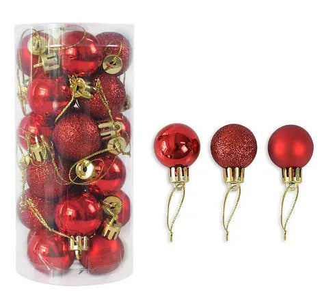 Assorted metallic gold, red, silver, and blue 3cm plastic Christmas bauble ornaments in a box.