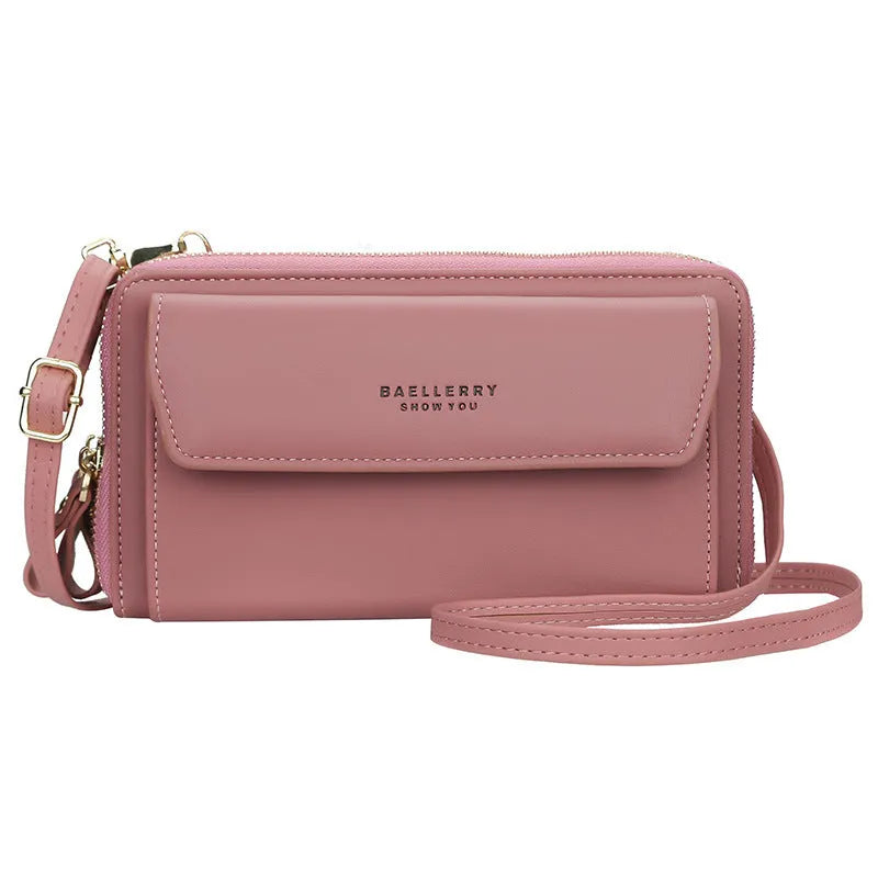 Soft PU leather ladies long wallet with double zipper in horizontal square messenger bag design