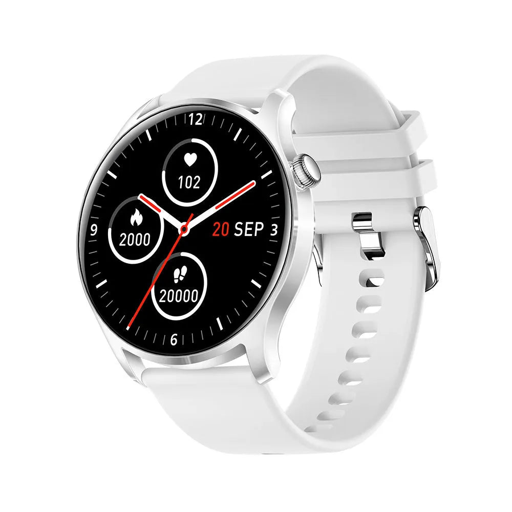 Smart watch with 1.3-inch screen showing heart rate display on silicone wristband