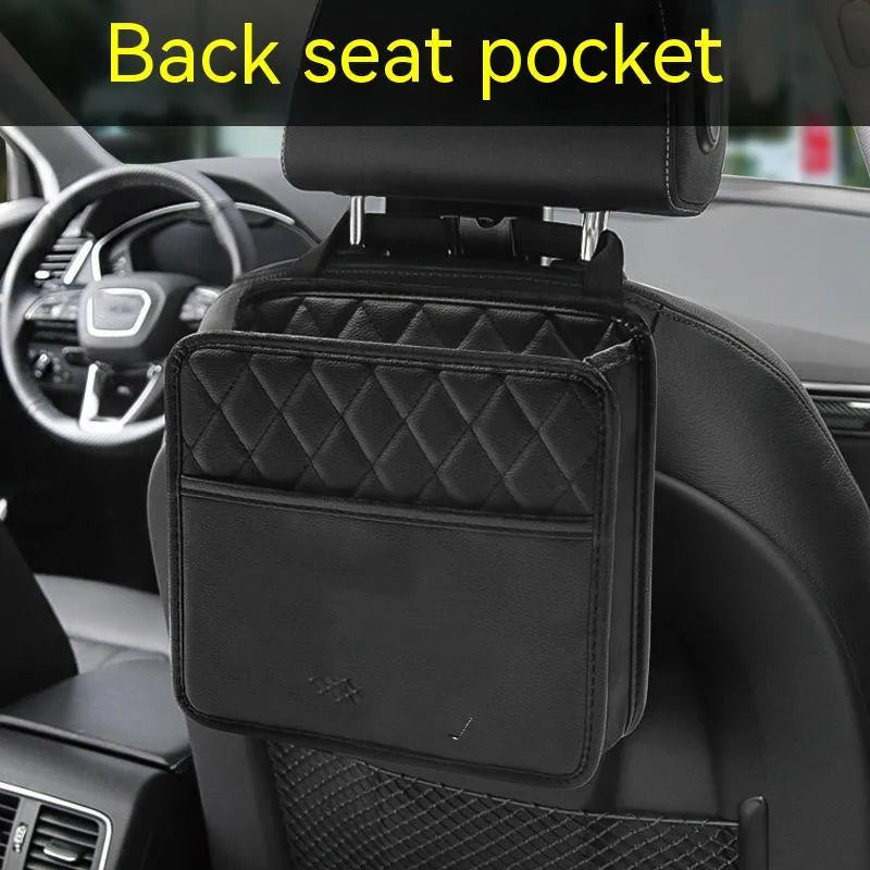 Black leather hanging storage bag for car interior, shown with dimensions 25cm by 25cm.