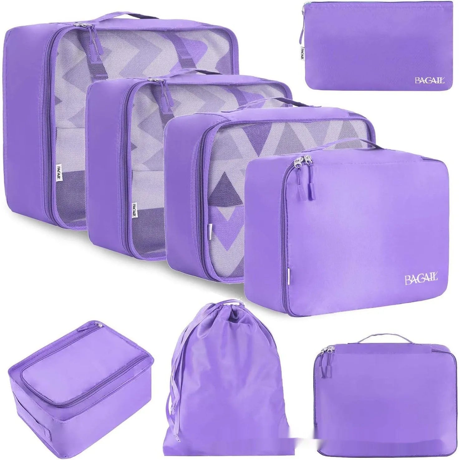 Set of eight cubic-shaped travel packing bags in assorted colours including beige, black, pink, and leopard print patterns.