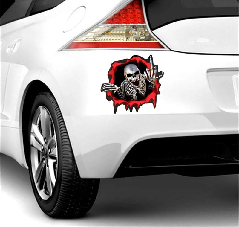 Reflective metal skull car bumper sticker with colourful broken shell design measuring 15 by 14 centimetres