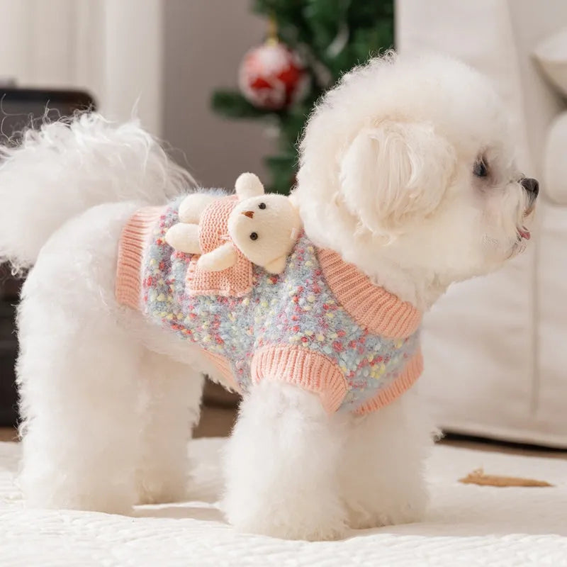 Blue autumn winter pet sweater with three-dimensional bear floral yarn pullover design for small medium dogs and cats