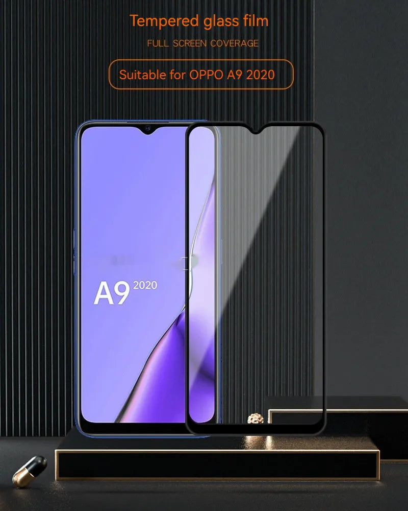 OPPO A9 2020 full screen tempered glass protector in black with anti-fingerprint coating
