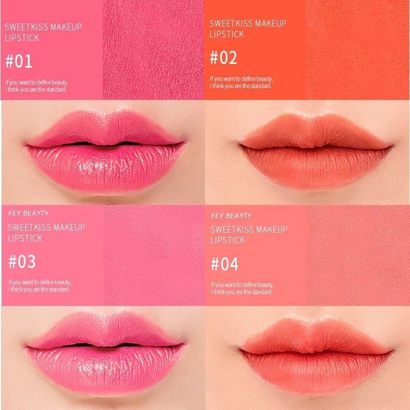 Fey Beauty non-stain matte lipstick in simple case, shades include cameo brown and milk tea colour.