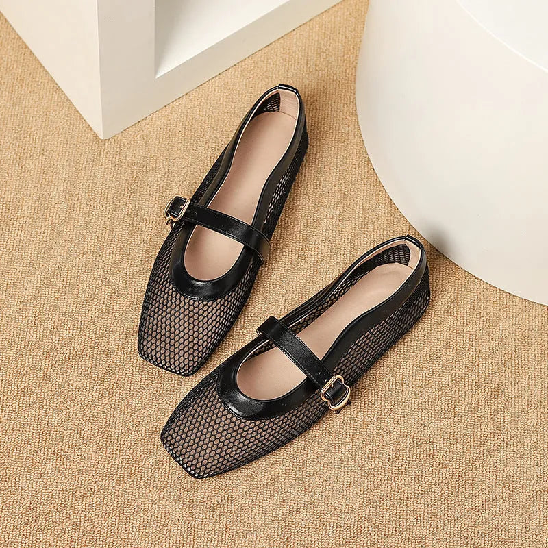 Women's breathable mesh low heel pumps with square toe and buckle fastening in various colours