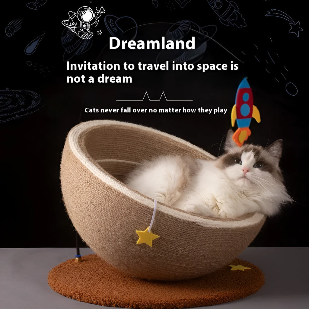 Large integrated cat scratching post and flannel bed in a starlight colour scheme.