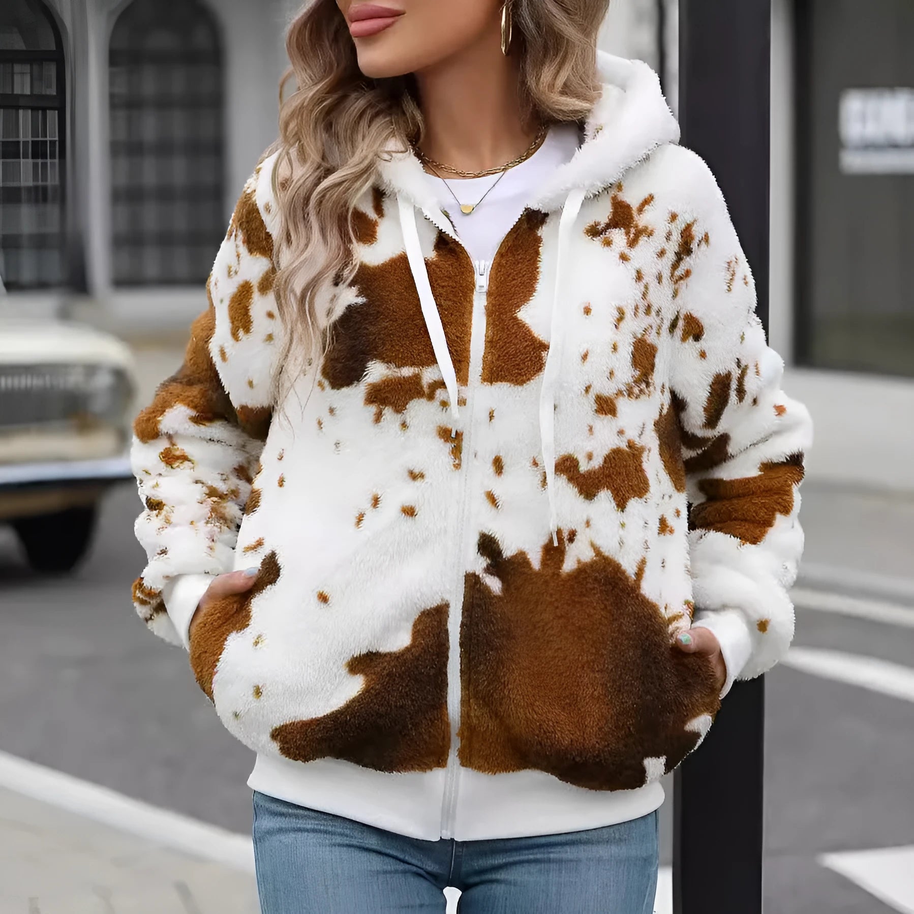 Yellow brown cow print hooded cardigan jacket with zipper front closure