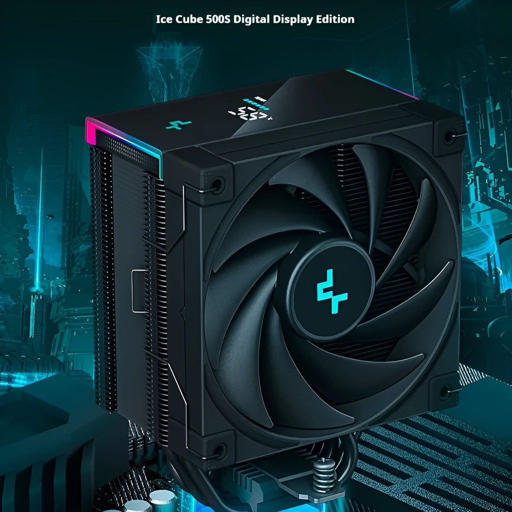 Twin tower CPU air cooler heat sink with copper-aluminium composite construction and digital display