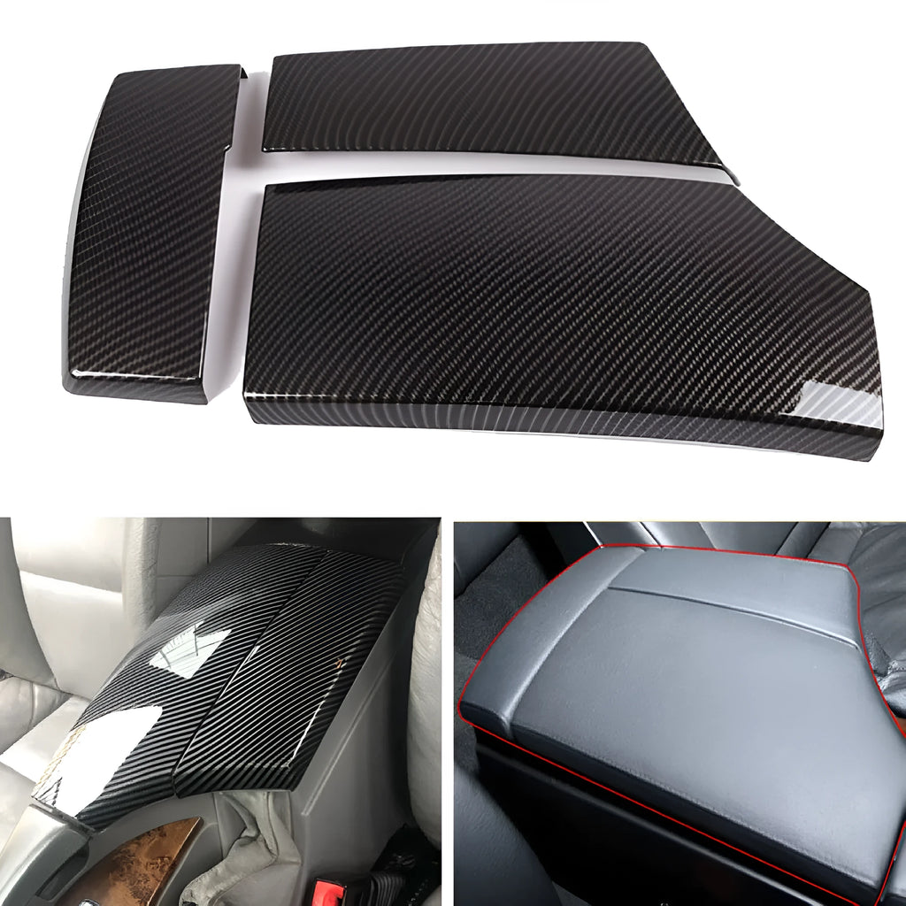 Three black ABS protective covers with a diagonal carbon fibre pattern for a car armrest box