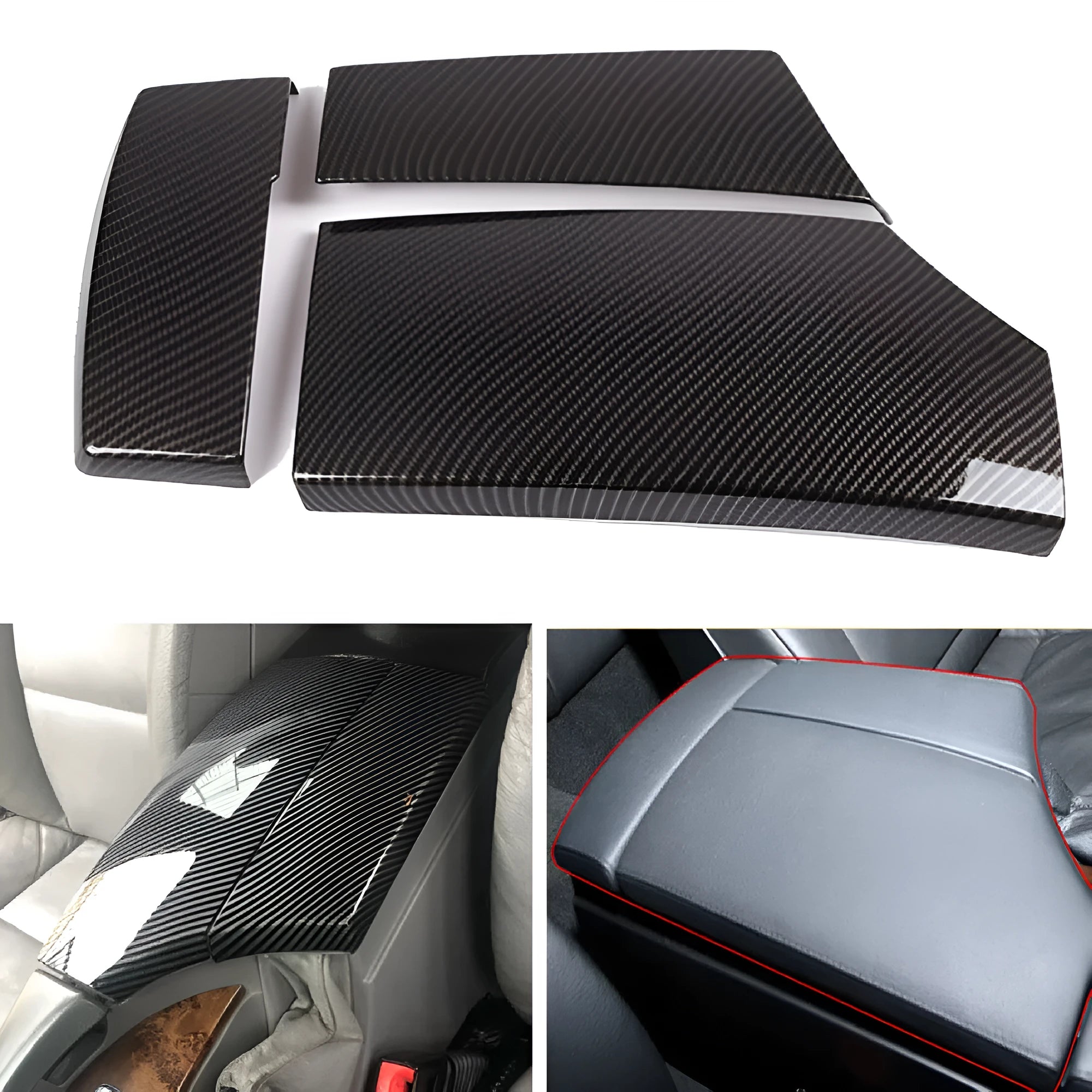 Three black ABS protective covers with a diagonal carbon fibre pattern for a car armrest box