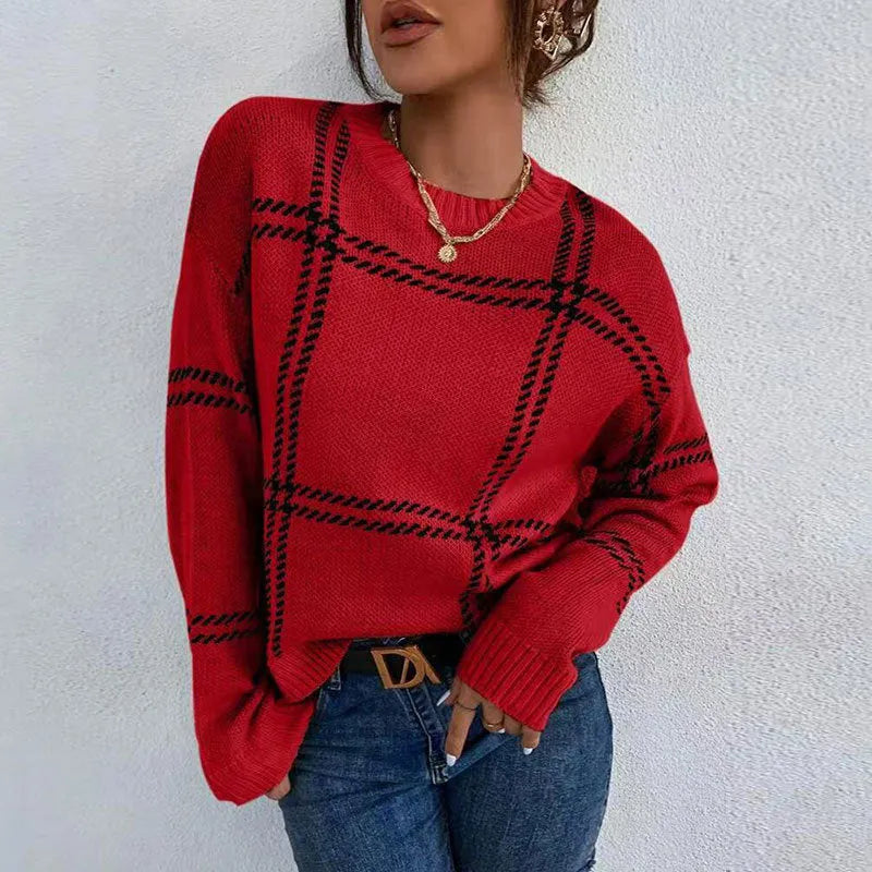 Women's loose fit plaid colour-block acrylic sweater with crew neck in striped apricot, black, beige, red, and green design.