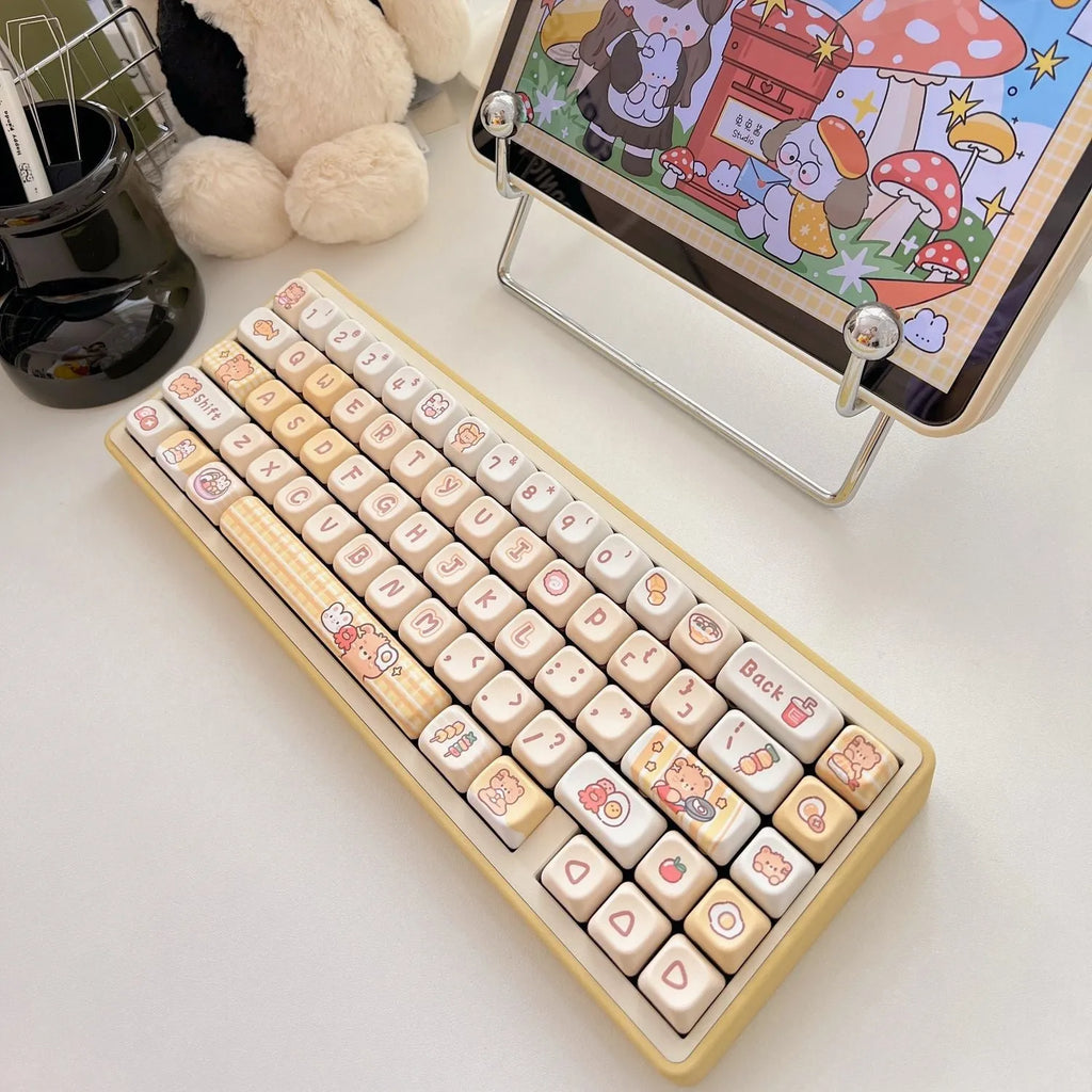 Rabbit Bear Restaurant themed PBT plastic keycaps for mechanical keyboards showing thermal sublimation printing