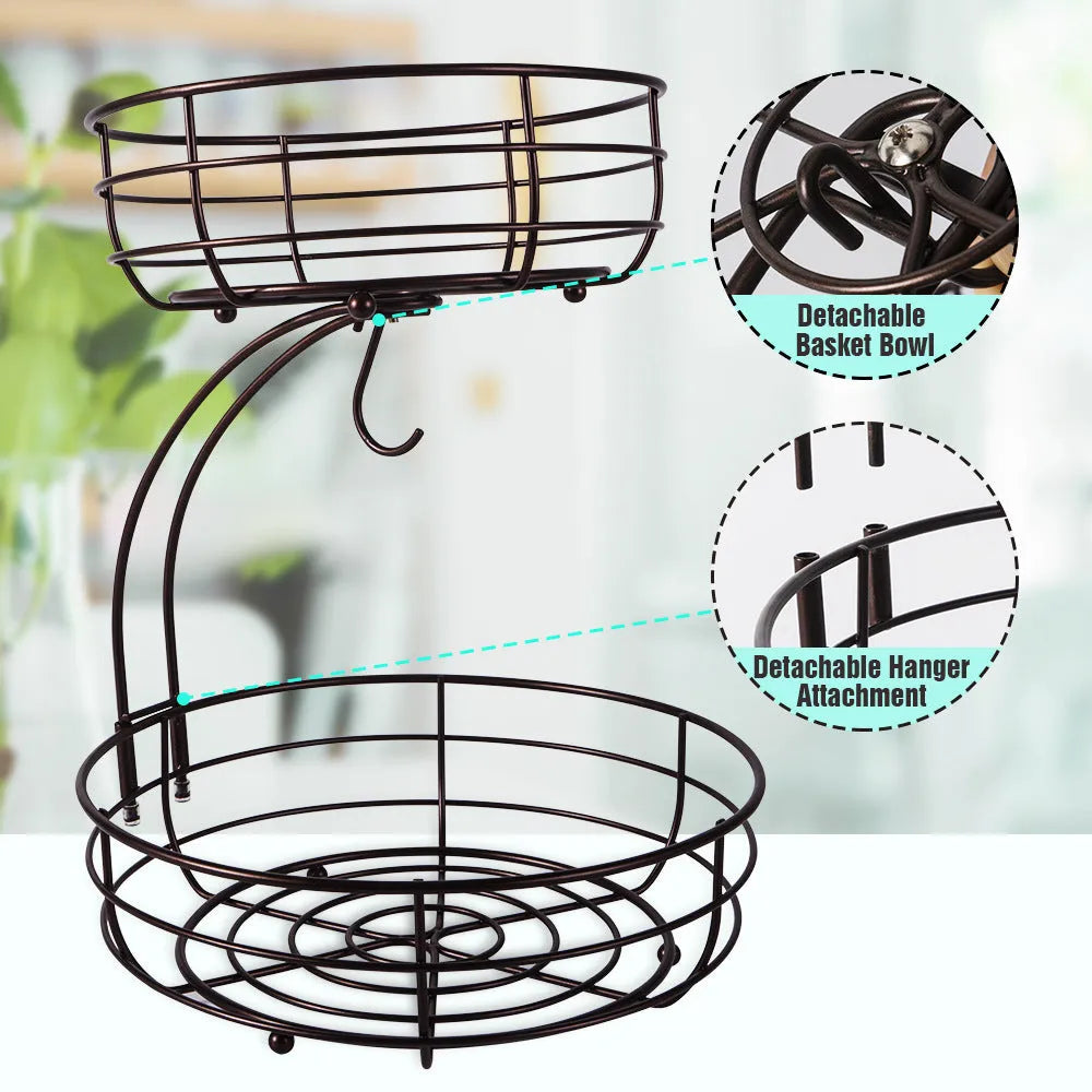 Double-layer black wrought iron fruit basket with two open storage tiers.