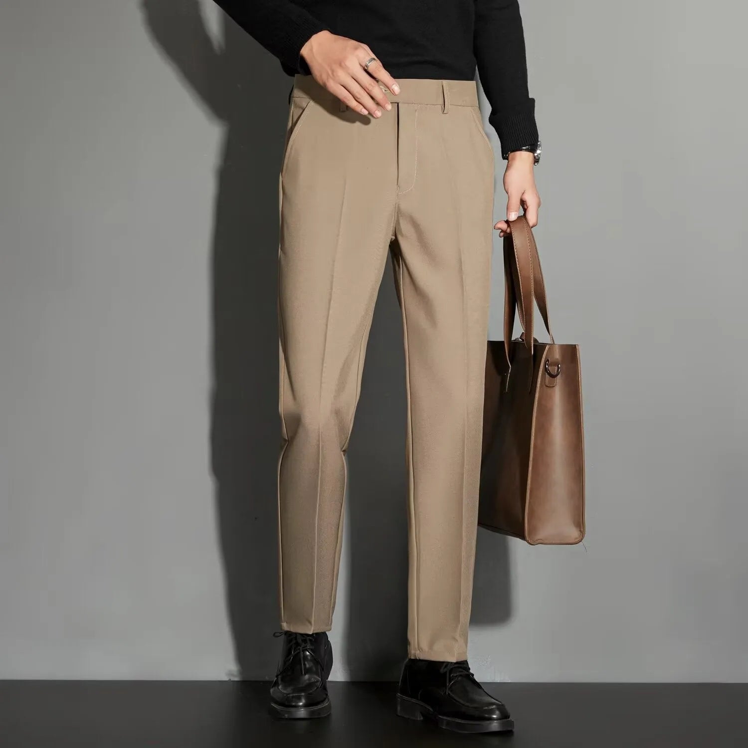 Men's straight leg ankle-length suit trousers in a polyester blend fabric, shown in multiple colours.