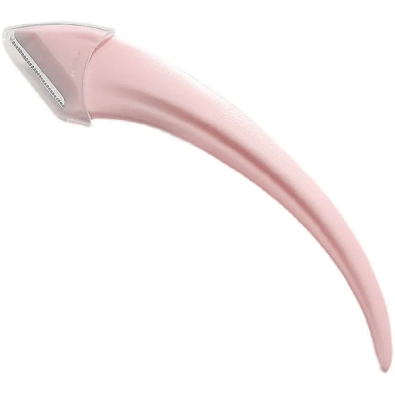White and pink curved moon-shaped eyebrow trimming knife with a comb on a white background.