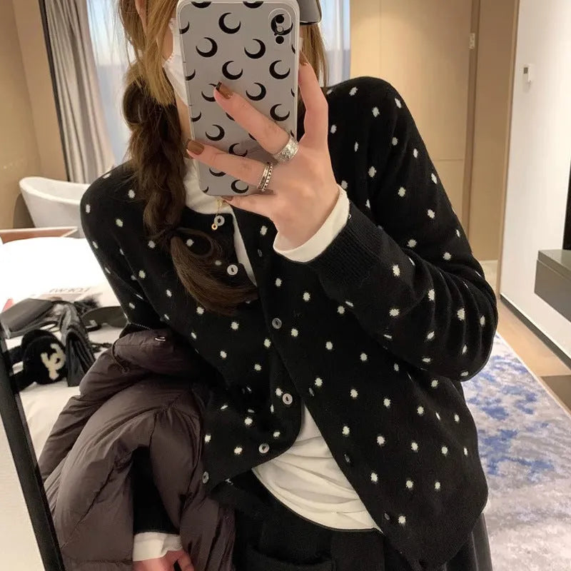 Women's gray dot pattern knitted cardigan with crocheted flowers, loose fit viscose fibre construction