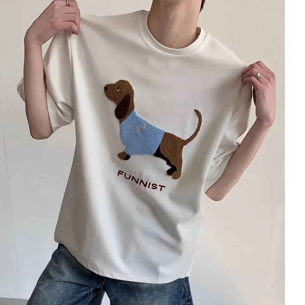 Grey men's cotton T-shirt with embroidered sausage dog and towel design on front.