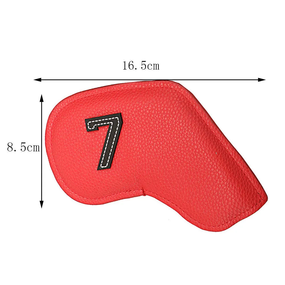 Set of 10 digitally printed PU golf club headcovers for woods and irons.