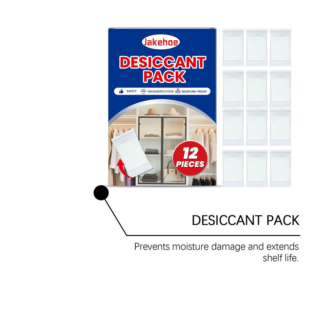 Pack of 12 white calcium chloride desiccant units for cupboard and wardrobe moisture control.